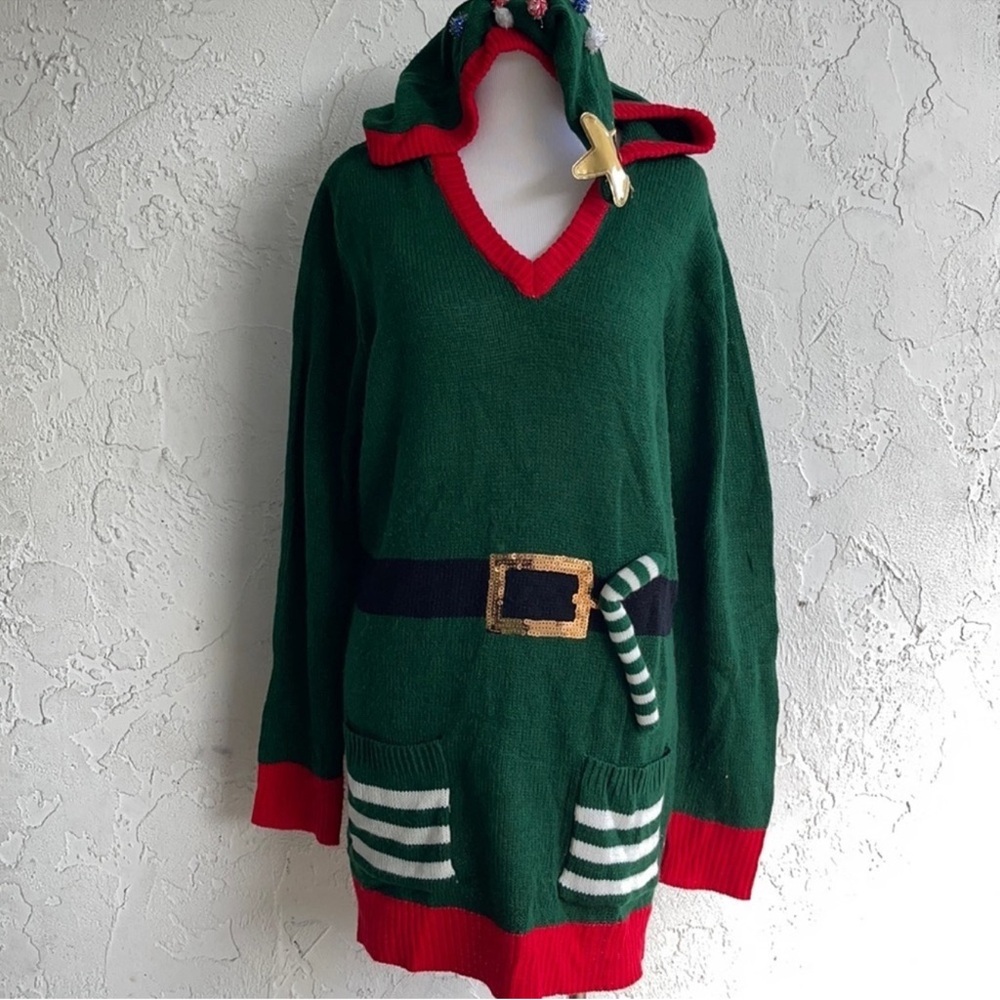 No Boundaries Christmas Elf Tree Hooded Sweater Dress Tunic Green XXL 19